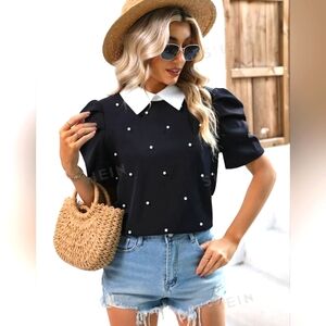 Shein Collar Puff Sleeve Pearls Beaded Blouse
